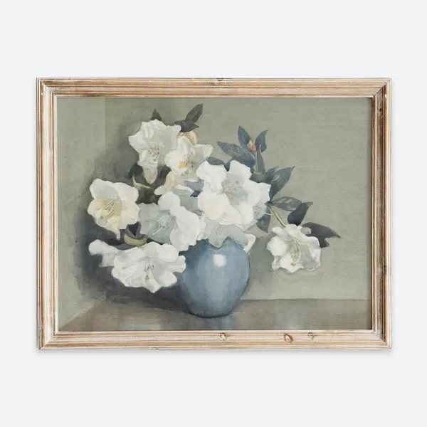 European Vintage White Flowers In Blue Vase, Art Print