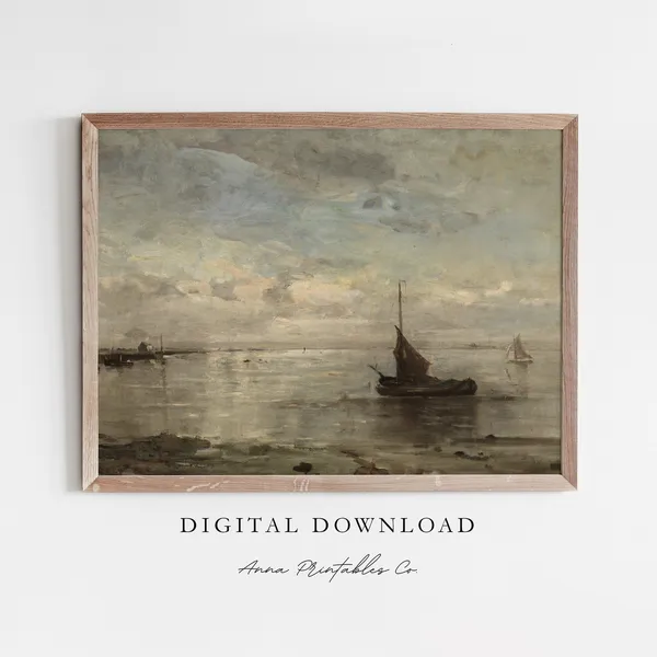 Sailboat On A Cloudy Sea, Vintage Seascape Art Print