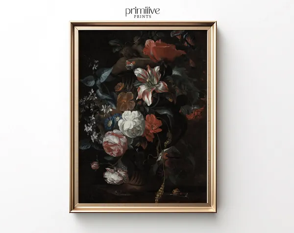 Dark Floral Print Art Print, Vintage Home Decor