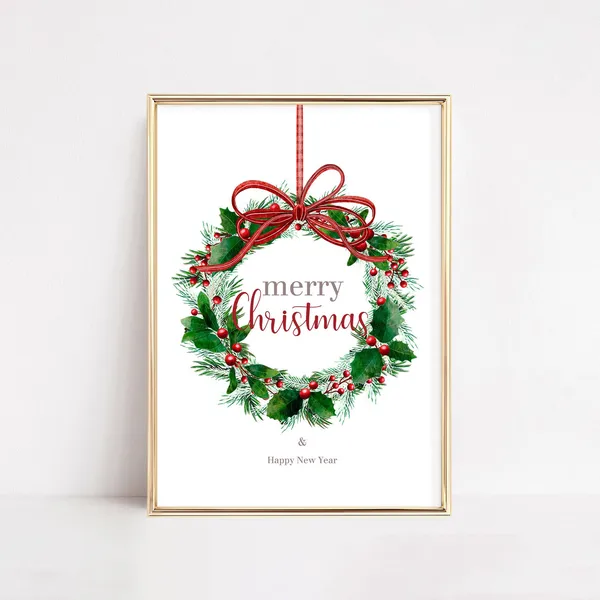 Christmas Wreath Print, Merry Christmas Holiday Decor