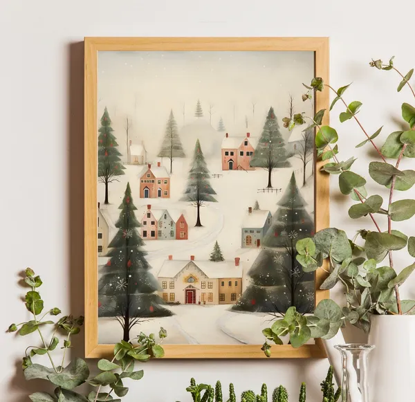 Winter Village Painting, Country Winter Wall Art Print