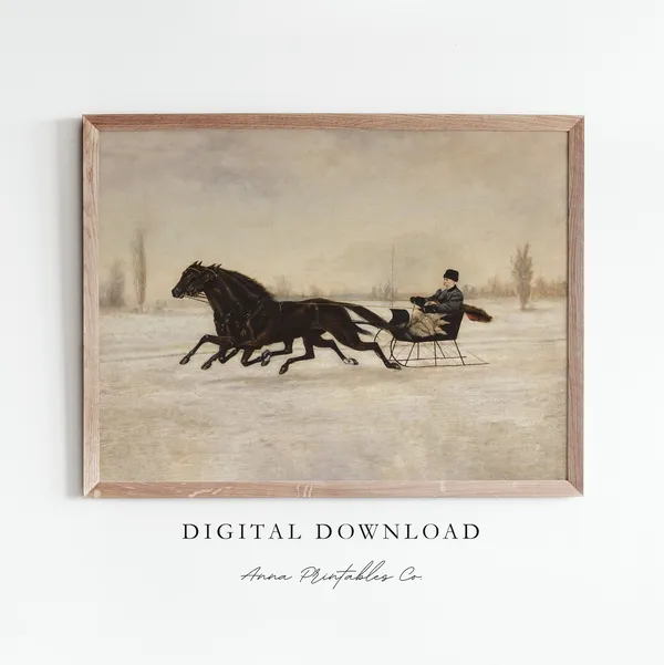 Antique Winter Sleigh Painting, Vintage Christmas Art Print