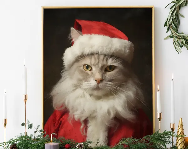 Christmas Cat Vintage Portrait, Holiday Art Print