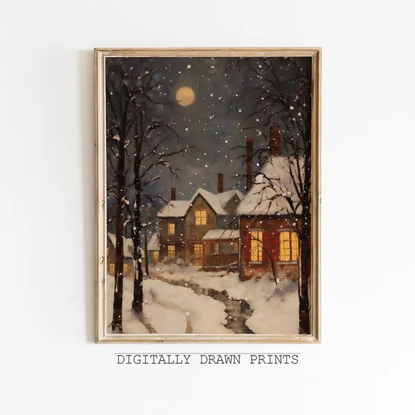 Vintage Christmas Winter Village Landscape Art Print
