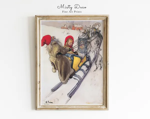 Vintage Carl Larsson Christmas Santa and Boy Sledge Print