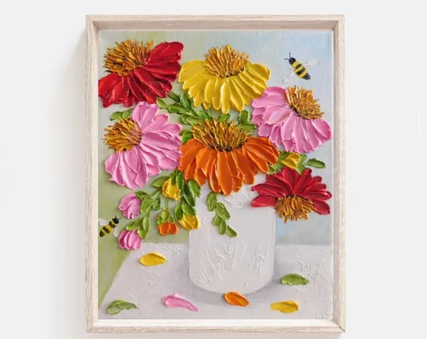Custom Cone Flowers and Bee Impasto Oil Painting Art Print