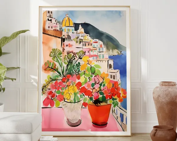 Italian Coastline Watercolor Art Print, Amalfi Coast