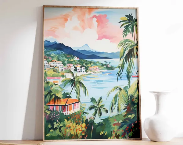 Jamaica Travel Poster, Tropical Floral Folk Art