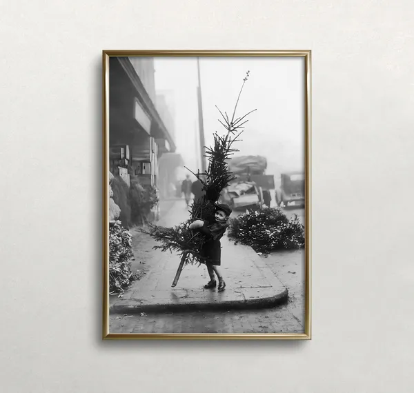 Little Boy and Christmas Tree, Vintage Holiday Art Print