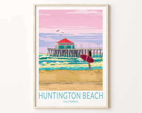 Huntington Beach California Travel Poster, Pier Postcard