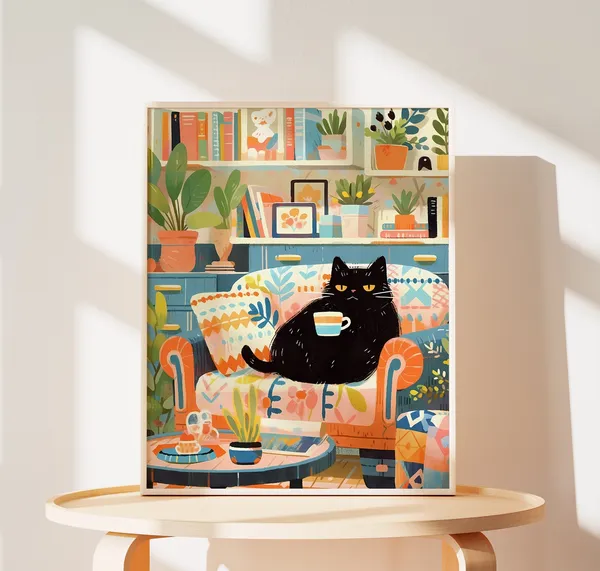 Black Cat Wall Art Print, Cat Mom Birthday Gift