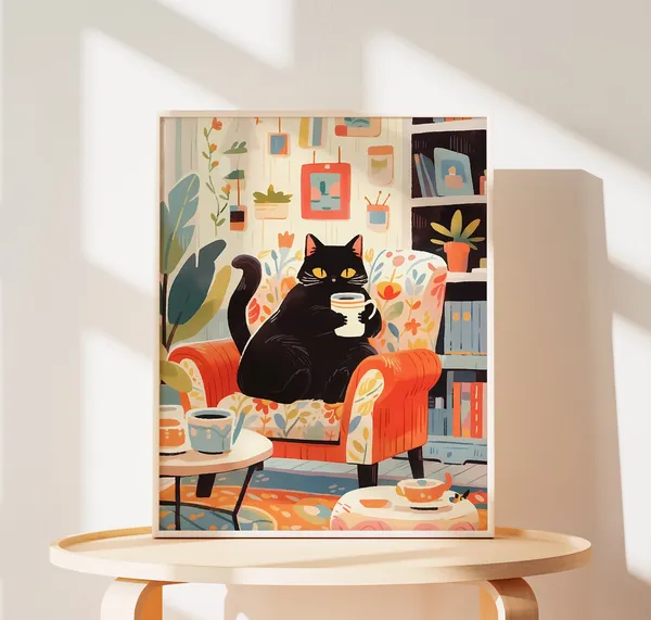 Cozy Cat Print, Funny Cafe Cat Art Print