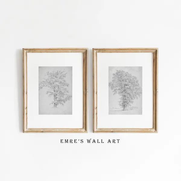 Vintage Tree Sketch Print Set, Rustic Landscape