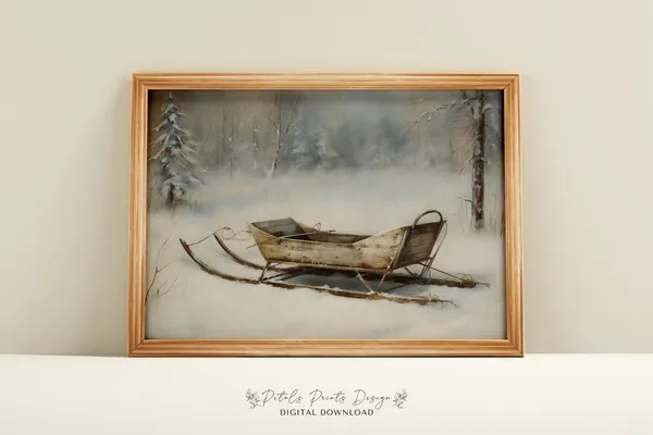 Christmas Sleigh Still Life, Rustic Vintage Art Print