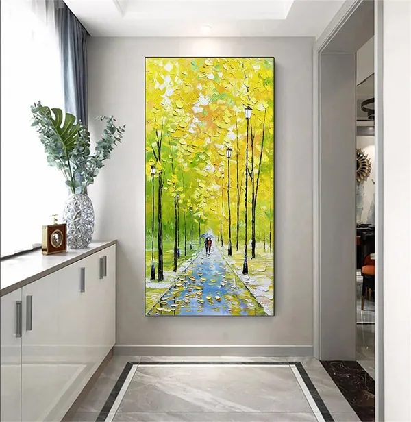 Loving Couple on Forest Path, Autumn Landscape Art Print