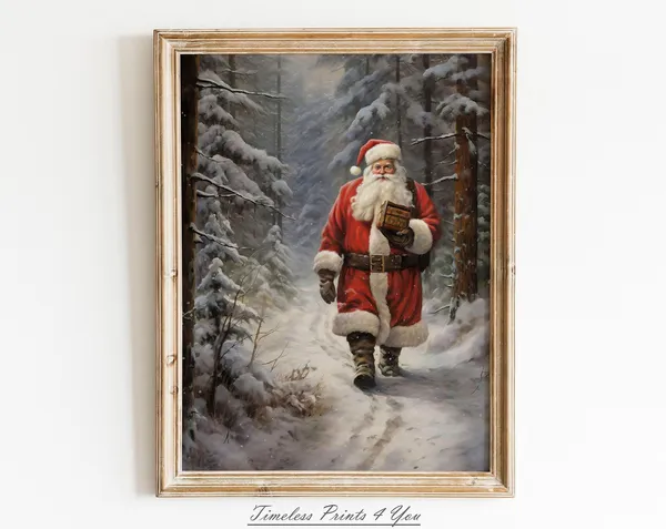 Vintage Santa Print, Winter Scene Christmas Decor