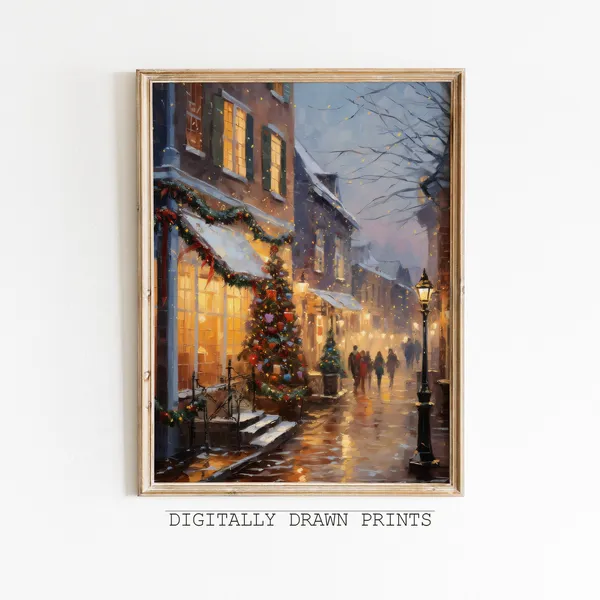 Vintage Christmas City Landscape Oil Painting Print
