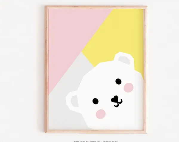 Girls Nursery Bear Wall Art Print, Modern Forest Decor