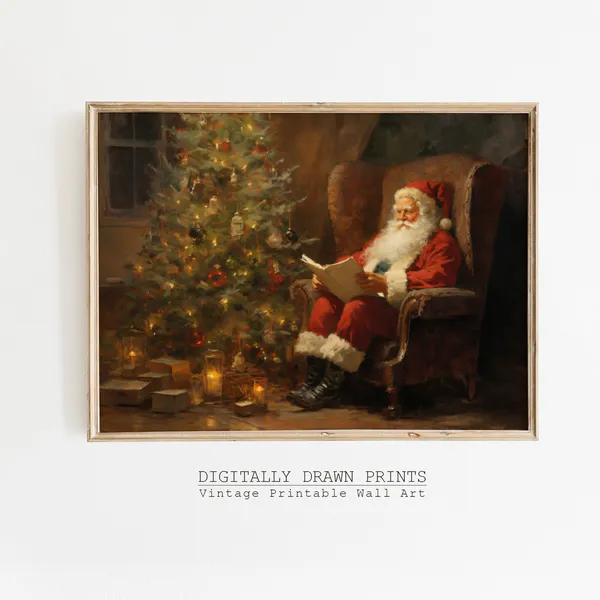 Vintage Christmas Santa Oil Painting Art Print