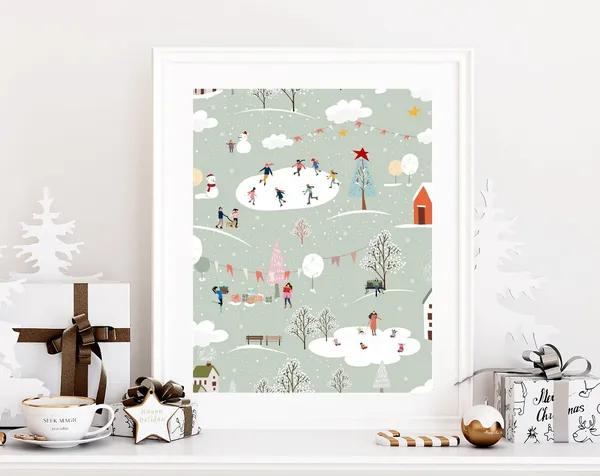 Busy Winter Village Art Print, Holiday Decor