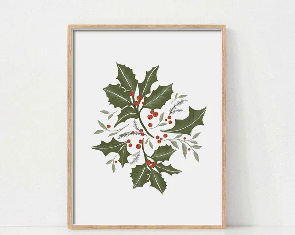Holiday Christmas Leaves and Berries Vintage Art Print