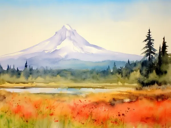 Mt Hood Watercolor Landscape Art Print, Oregon