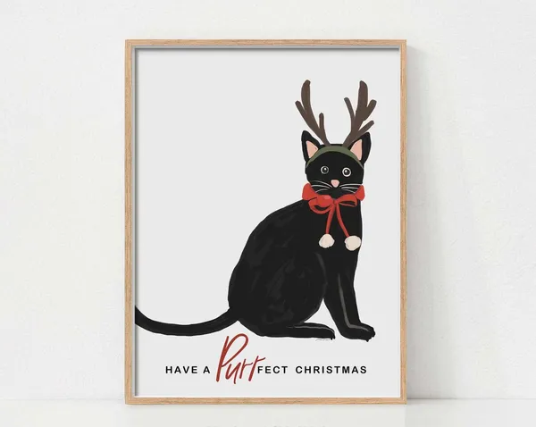 Cat Christmas Wall Art, Holiday Decor Poster