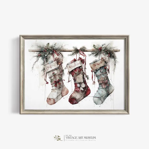 Neutral Christmas Stockings Vintage Watercolor Art Print