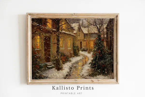Winter Village Scene Art Print, Rustic Holiday Decor