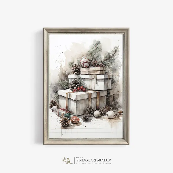 Neutral Christmas Still Life Watercolor Art Print