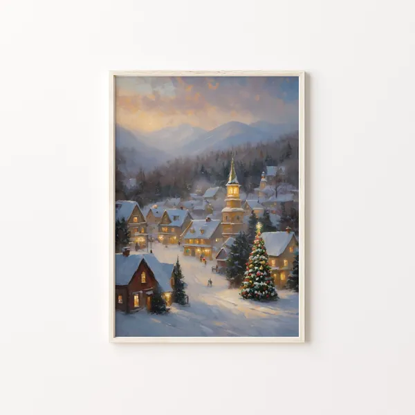 Snow Village Vintage Christmas Print, Winter Town