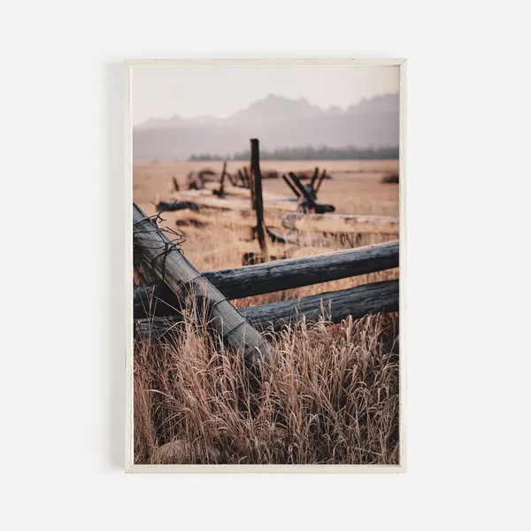 Wooden Fence In Field, Rustic Western Landscape Print