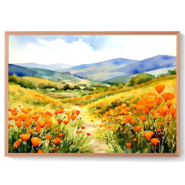 California Poppy Watercolor Travel Poster, Boho Floral