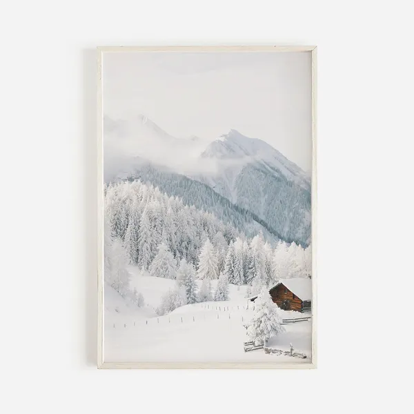 Snowed In Cabin Log Art Print, Rustic Winter Forest