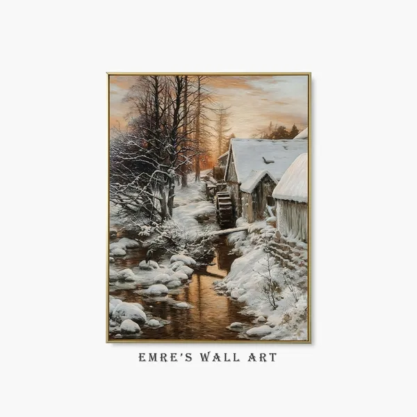 Vintage Winter Farmhouse Painting, Rustic Landscape Art Print