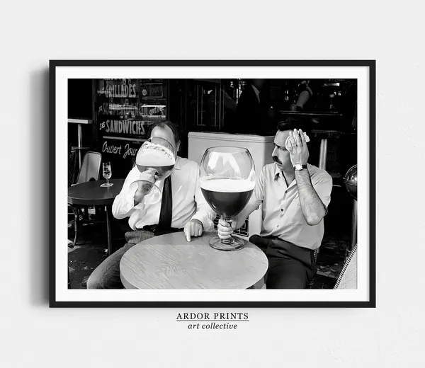 Men Drinking Beer From Oversized Glasses, Vintage Poster