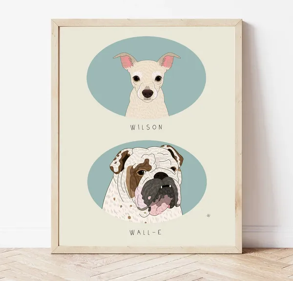 Custom Two Pet Portraits, Oval Frame Memorial Art Print