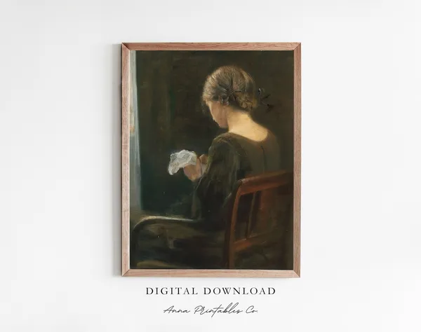 Woman Sewing Victorian Portrait, Moody Vintage Art Print