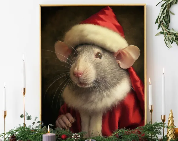 Christmas Rat Vintage Portrait Art Print