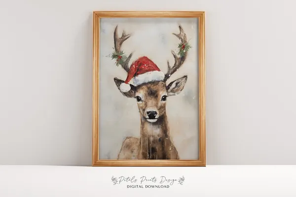 Christmas Reindeer Still Life, Rustic Holiday Art Print
