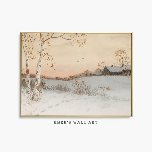 Winter Village Oil Painting, Neutral Christmas Decor