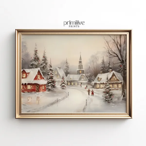 Winter Village Watercolor Christmas Wall Art Print
