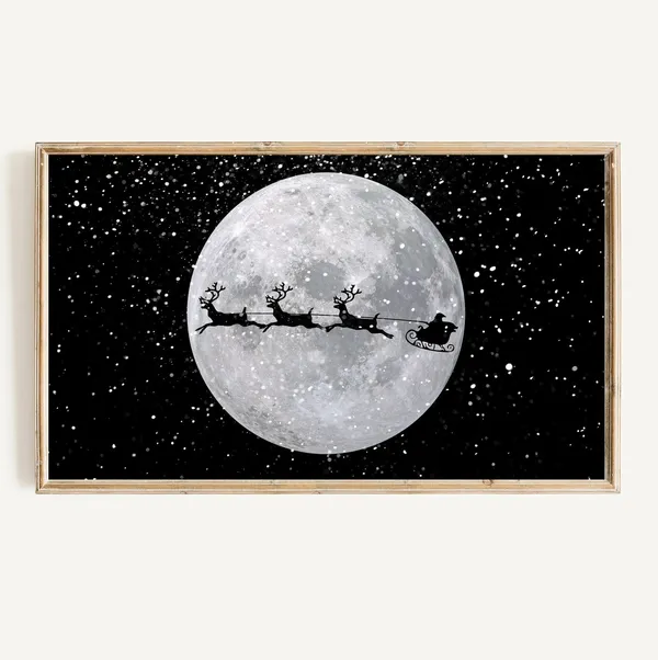 Christmas Santa Sleigh and Reindeer, Minimalist Art Print