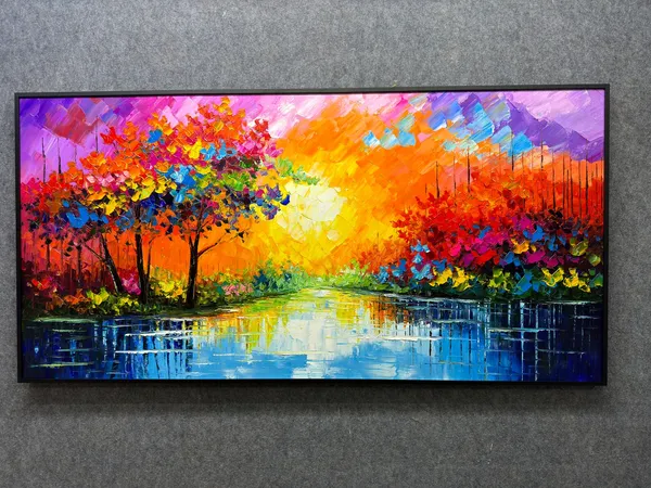 Abstract Autumn Forest Lake Sunrise, Oil Painting Print