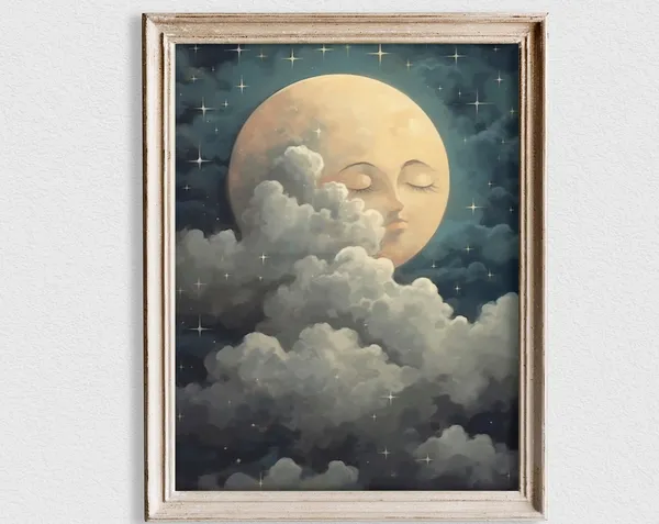 Moon With Face Sky Painting Moon Nursery Art Print