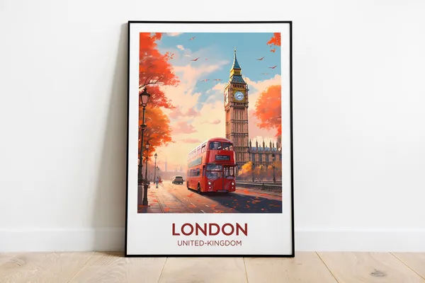 London Travel Poster, Big Ben Red Bus Watercolor Print
