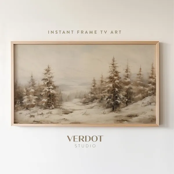 Vintage Winter Painting: Evergreen Forest Landscape