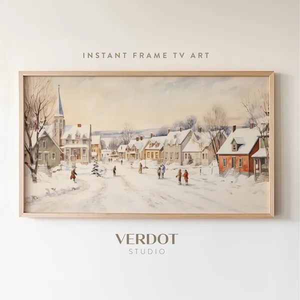 Winter Village Christmas Art Print, Neutral Small Town