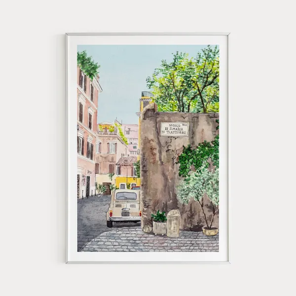 Rome Trastevere Watercolor Art Print, Italy Cityscape