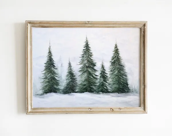 Evergreen Trees Vintage Christmas Winter Art Print